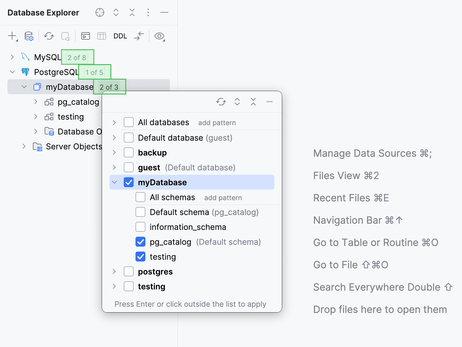 Select schemas or databases in Database Explorer