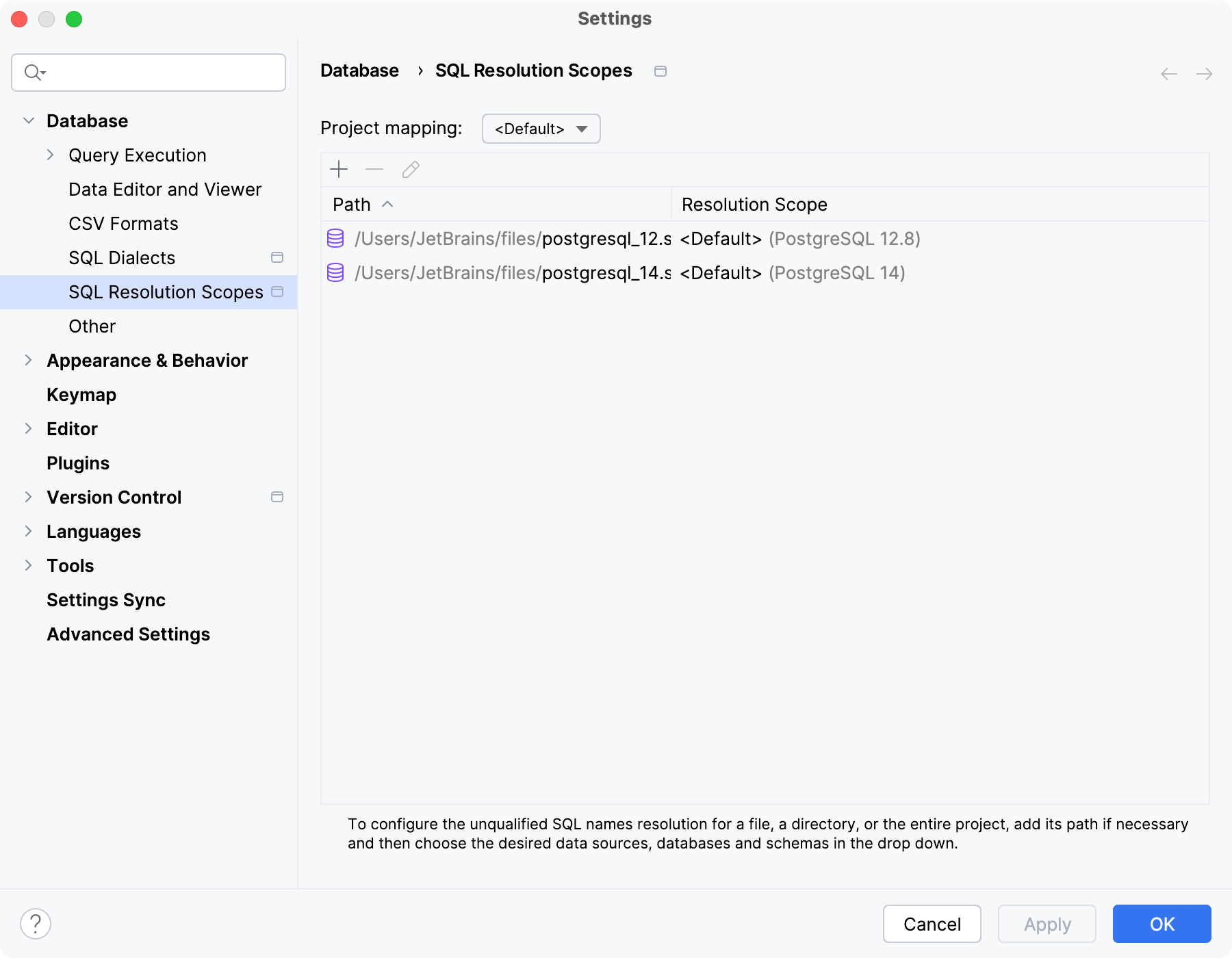 the SQL Resolution Scopes settings dialog the SQL Resolution Scopes settings dialog