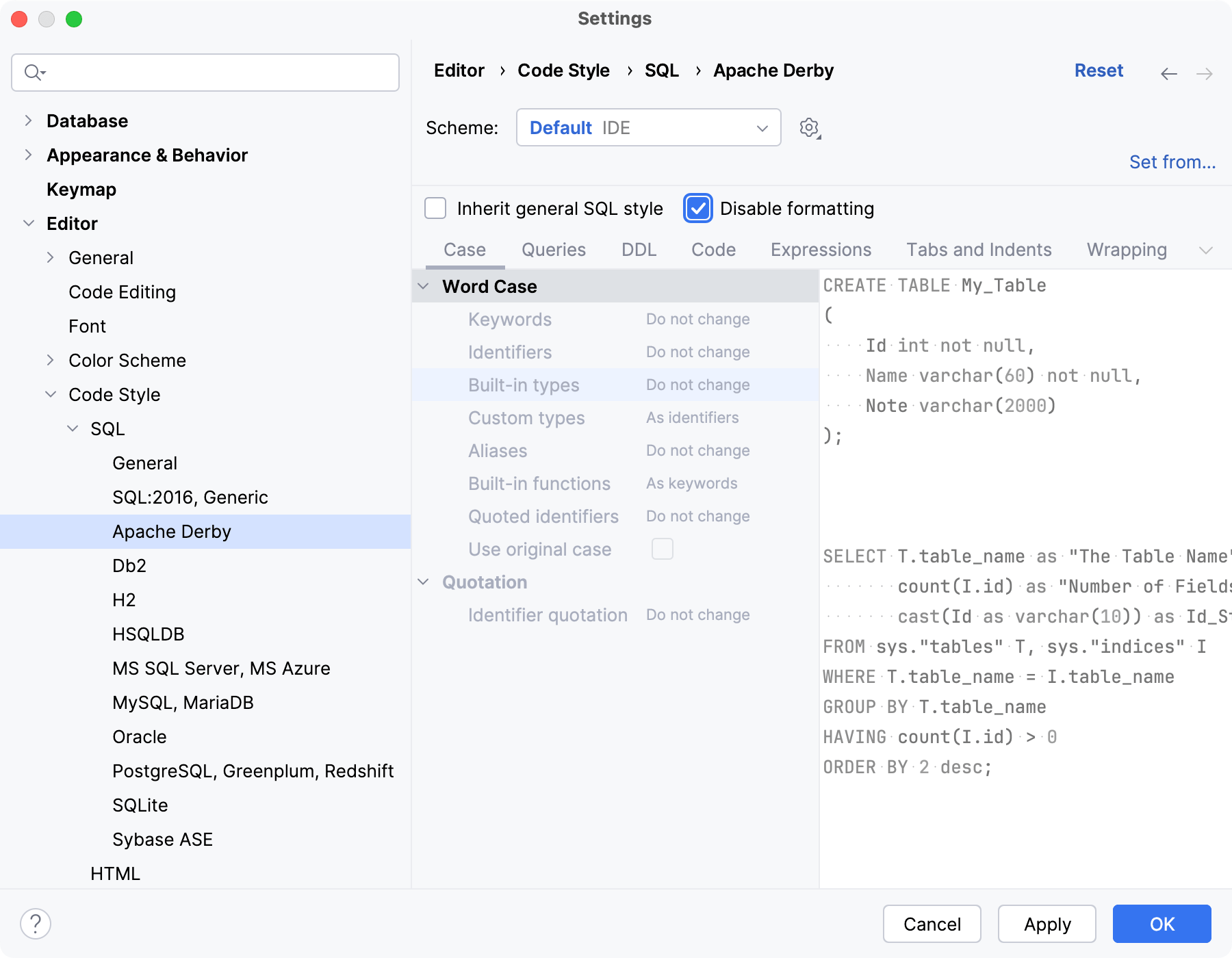 Disable SQL code reformatting in the IDE settings Disable SQL code reformatting in the IDE settings
