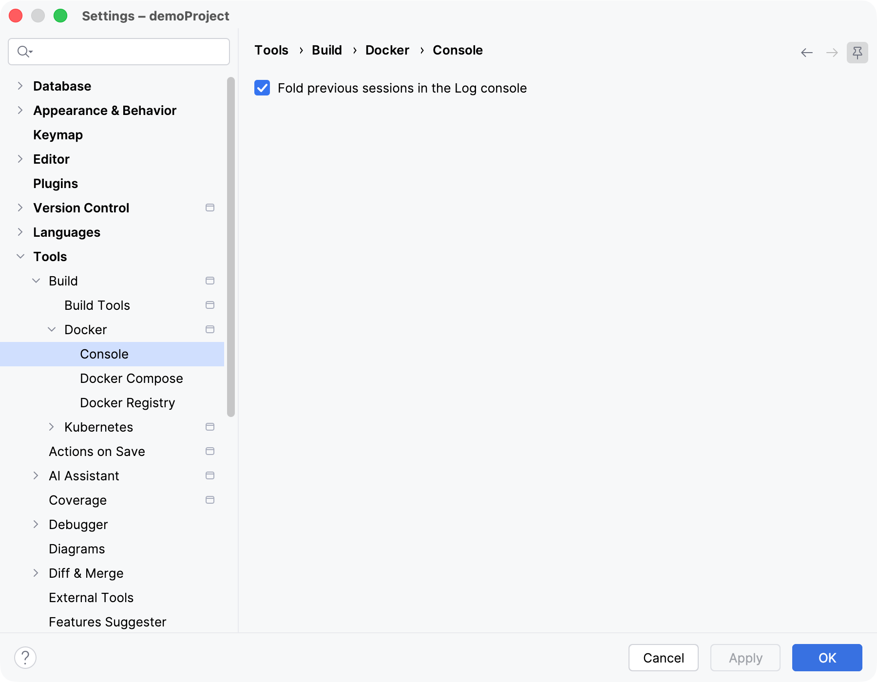 The Docker Console settings page The Docker Console settings page