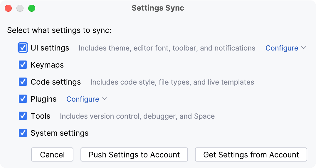 Settings Sync dialog Settings Sync dialog