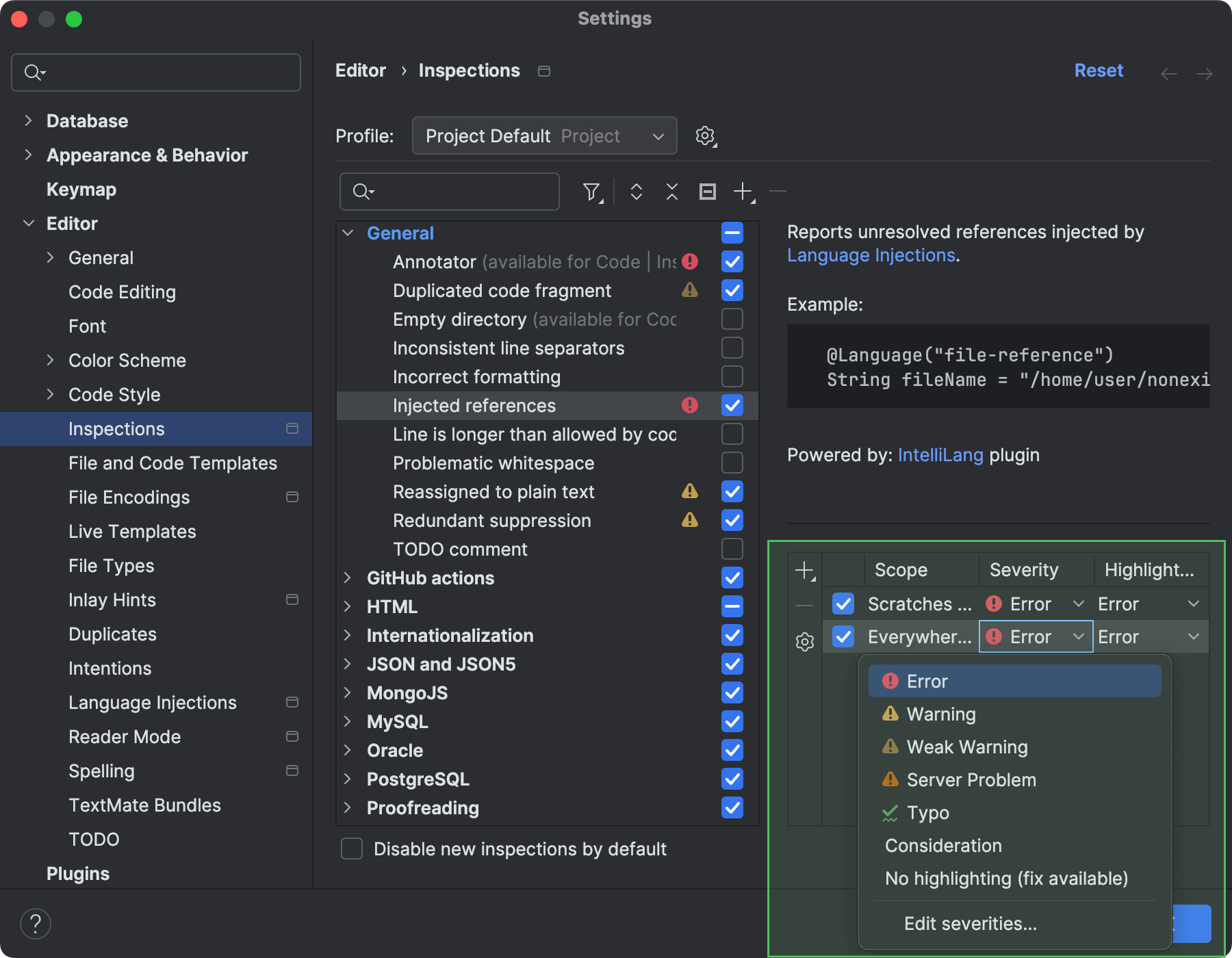 Change inspection severity | DataGrip Documentation
