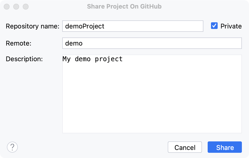 Share project on GitHub dialog Share project on GitHub dialog