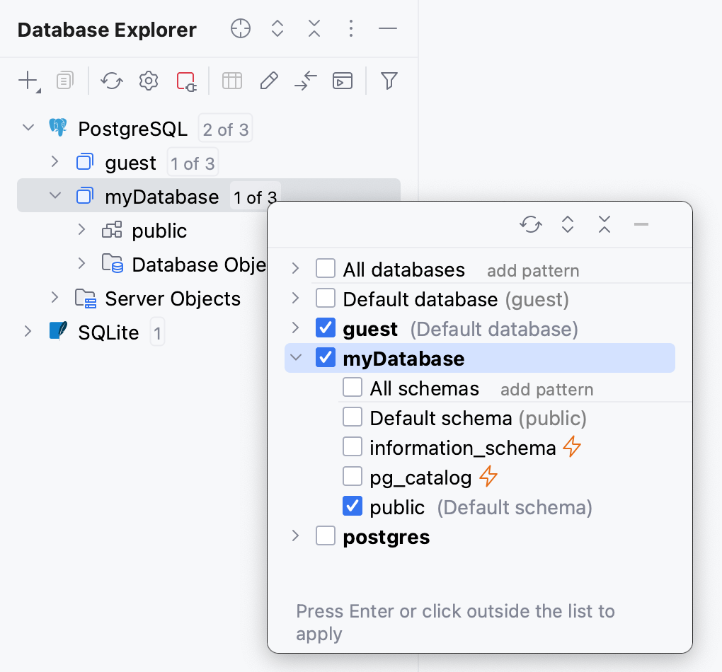 Show and hide schemas and databases Show and hide schemas and databases