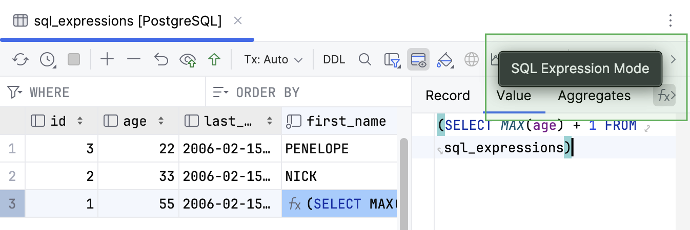 SQL Expression Mode in the Value editor