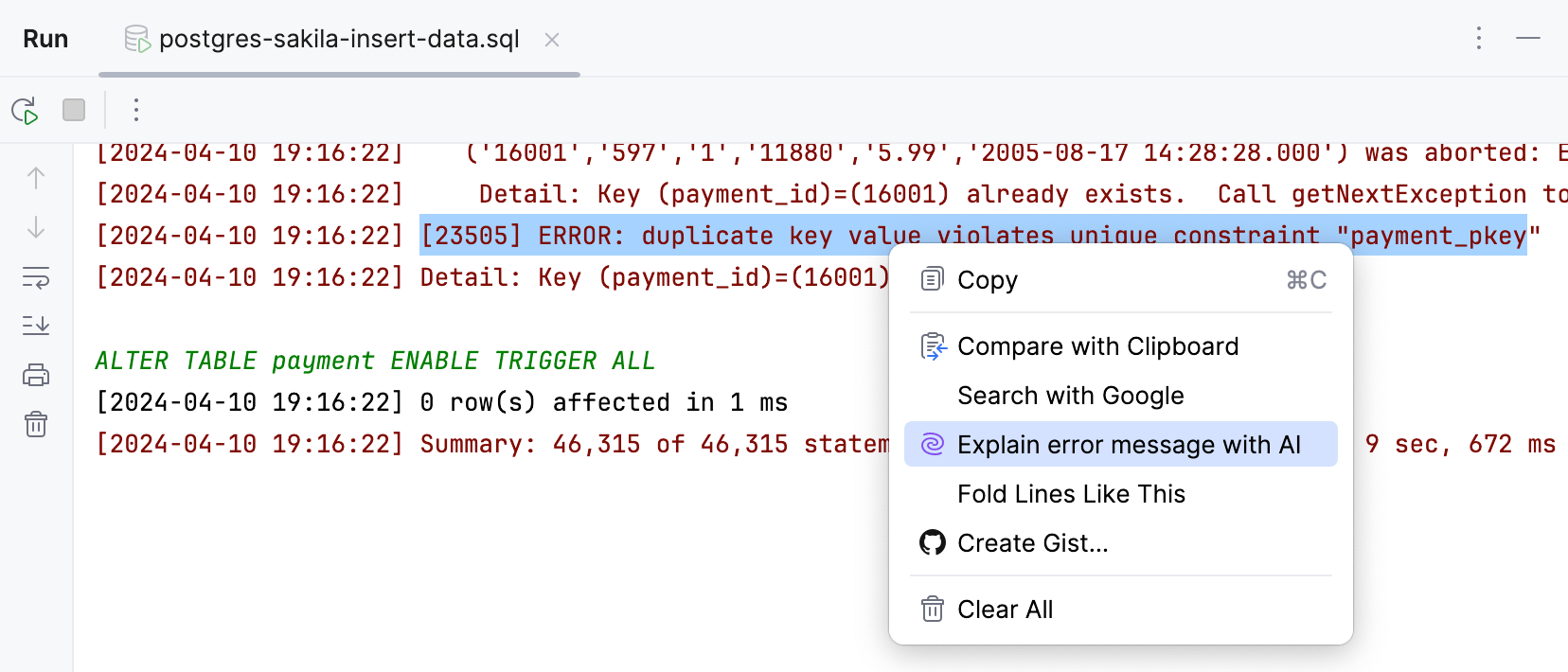 Explain with AI option in console Explain with AI option in console