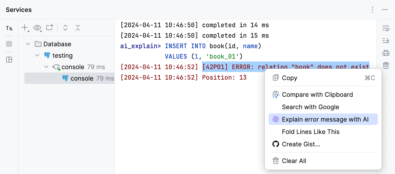 Explain with AI option in console Explain with AI option in console