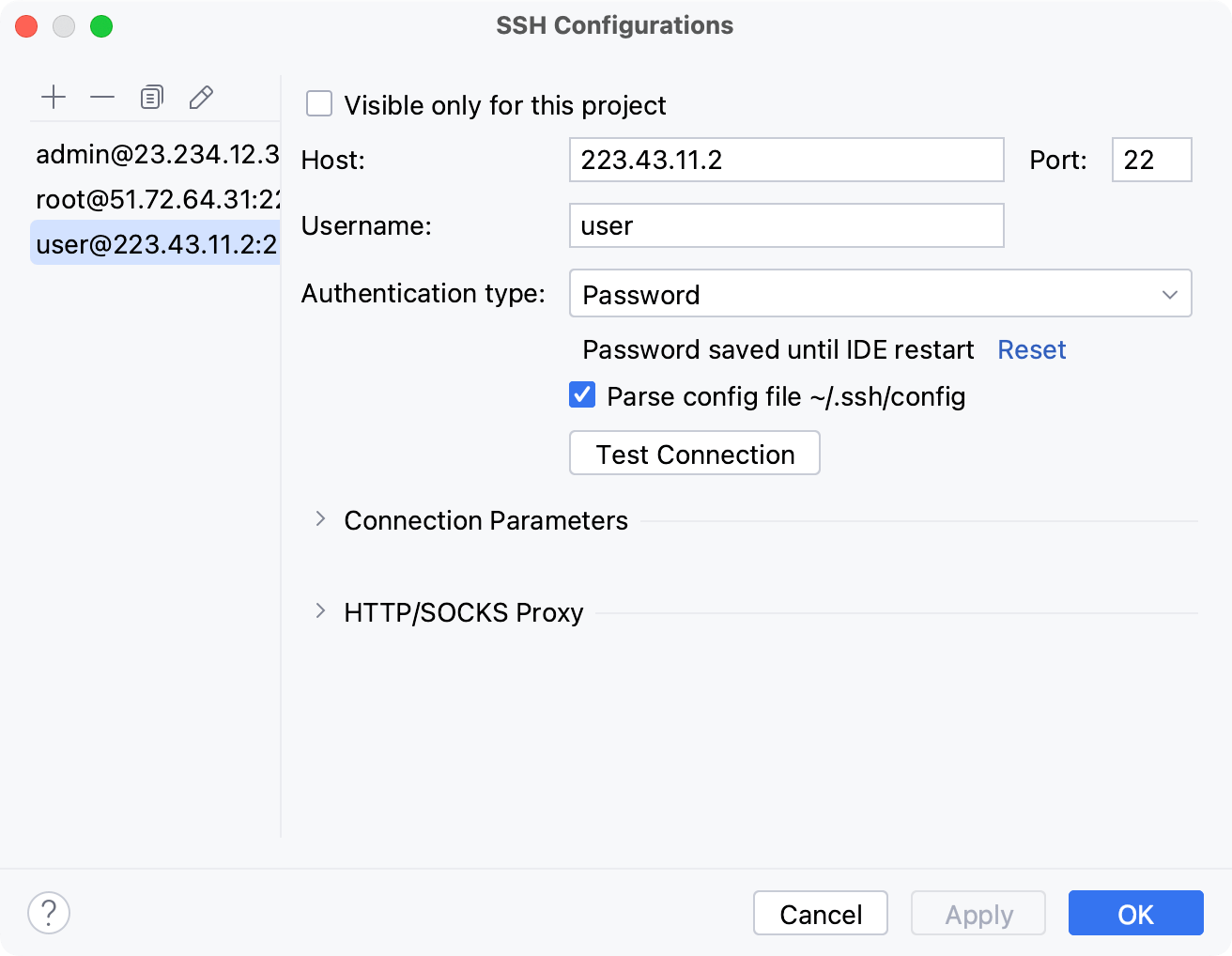 SSH settings of a data source SSH settings of a data source