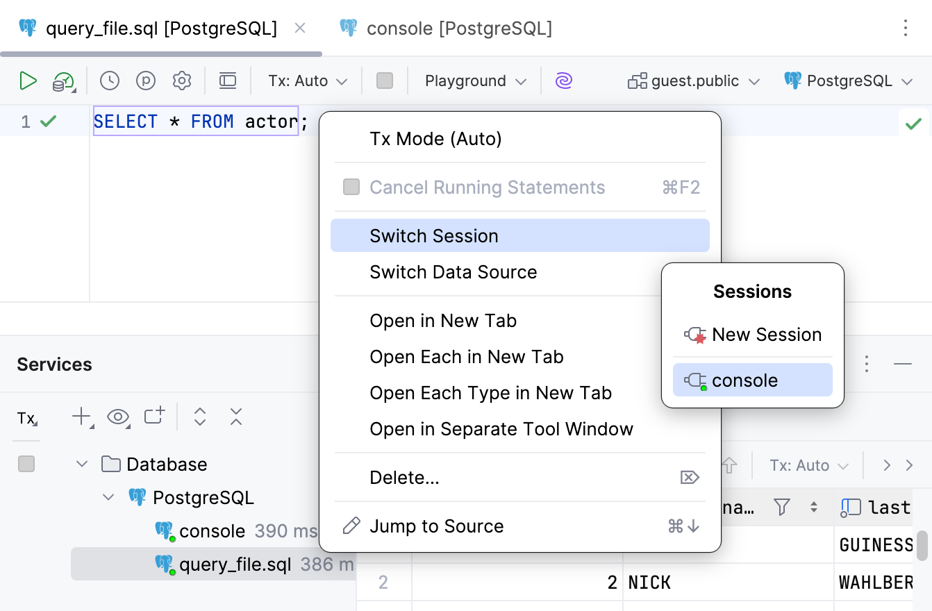 Switch sessions for an SQL file in the Services tool window