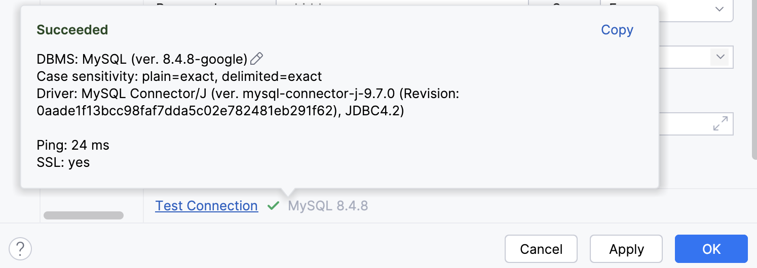 Successful connection to the database