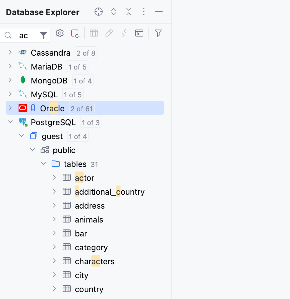 Speed Search in a tool window Speed Search in a tool window