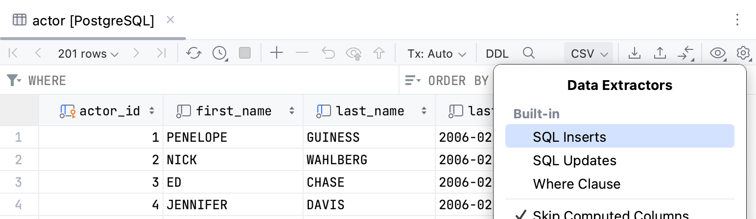 Data extractor list on the data editor toolbar Data extractor list on the data editor toolbar