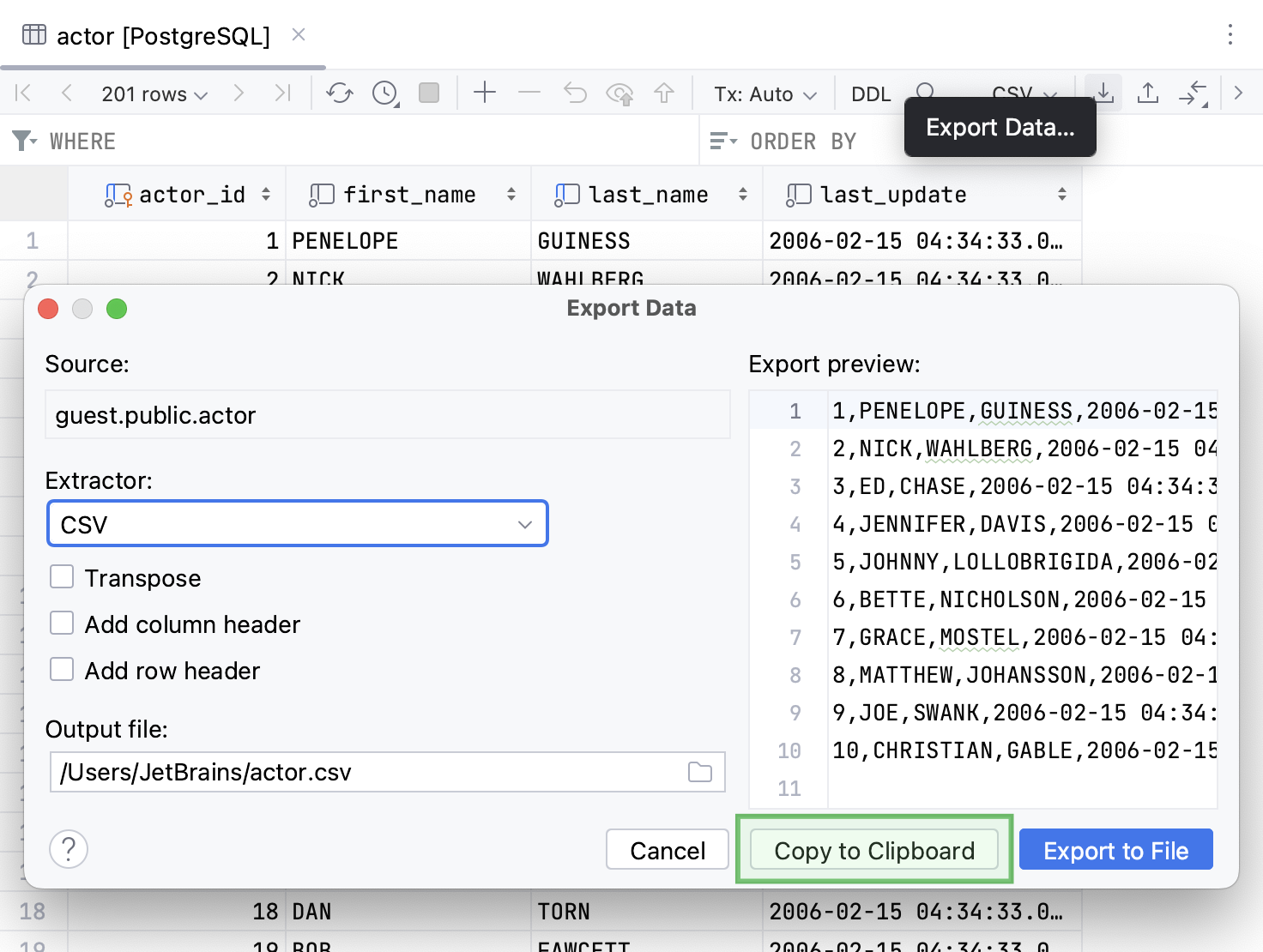 Export data to the clipboard Export data to the clipboard