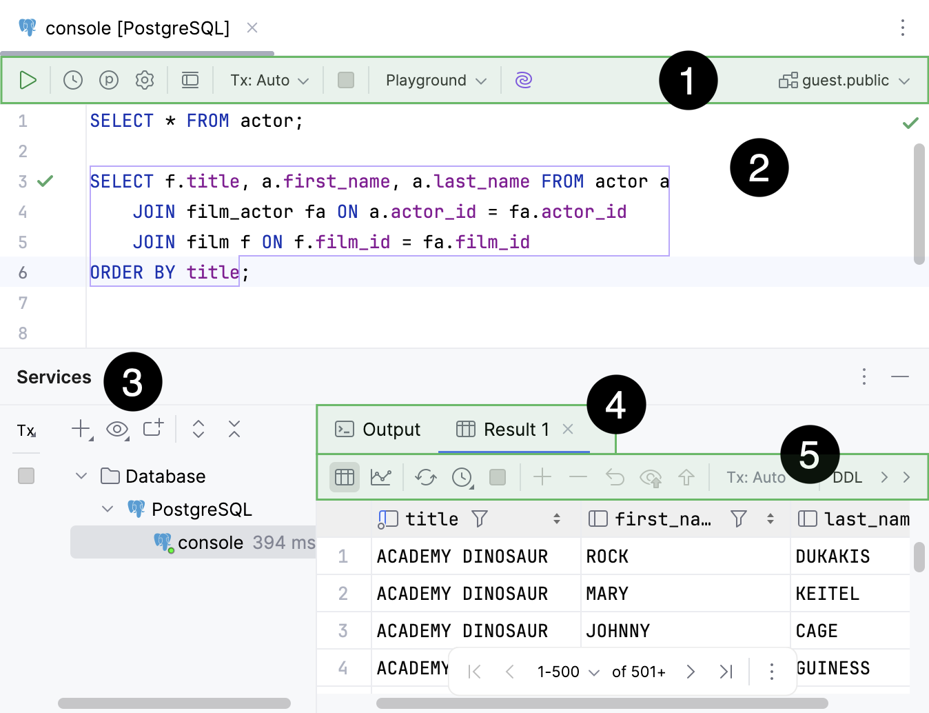 Query console with an active Result tab of Services tool window Query console with an active Result tab of Services tool window