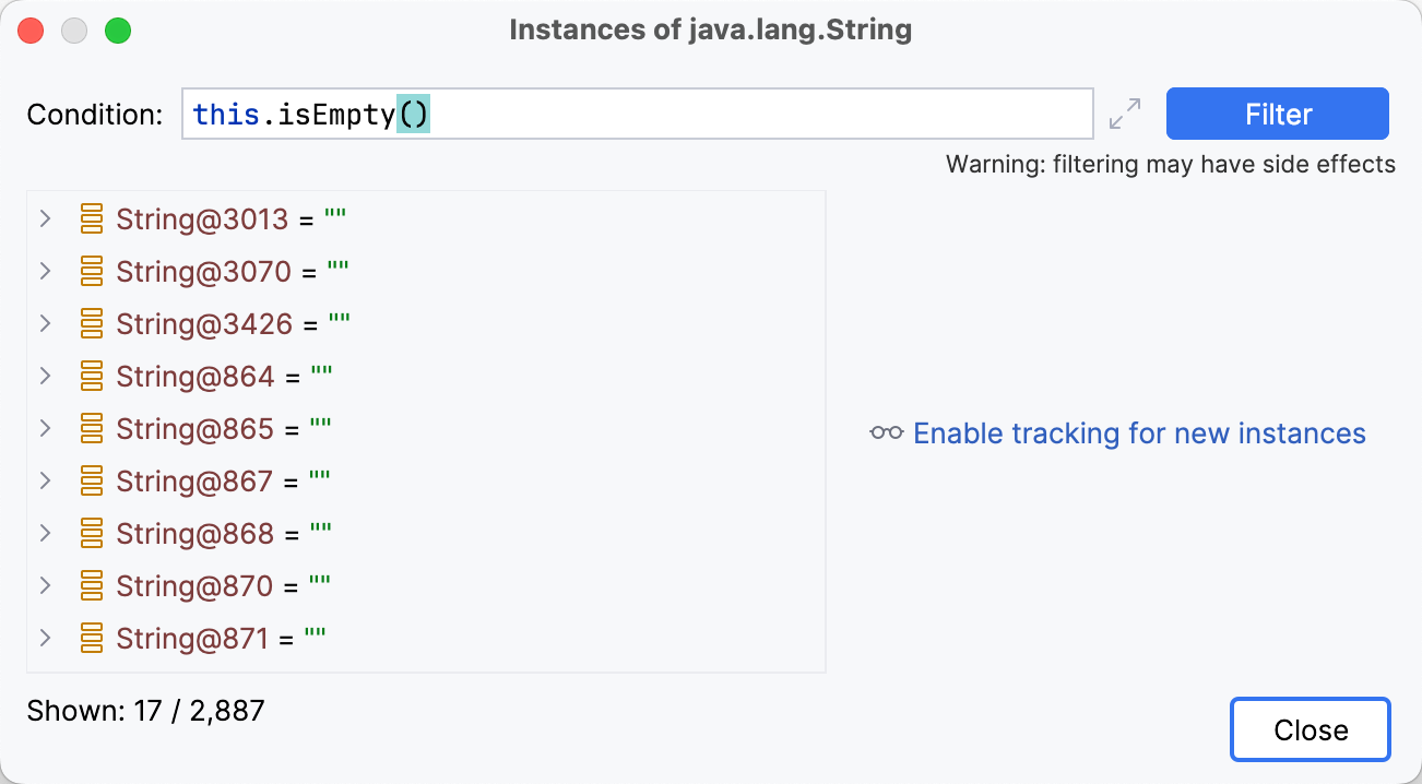 Filtering instances in the Memory tab Filtering instances in the Memory tab