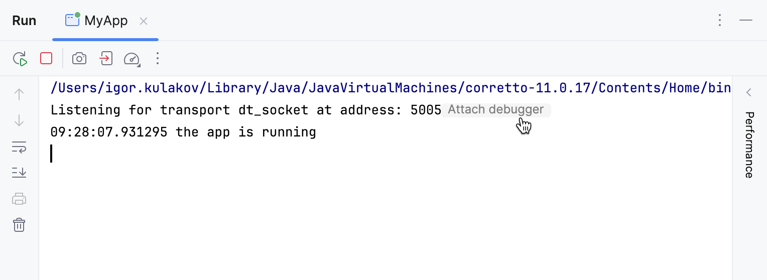 A button that attaches the debugger to the process is shown in the console A button that attaches the debugger to the process is shown in the console
