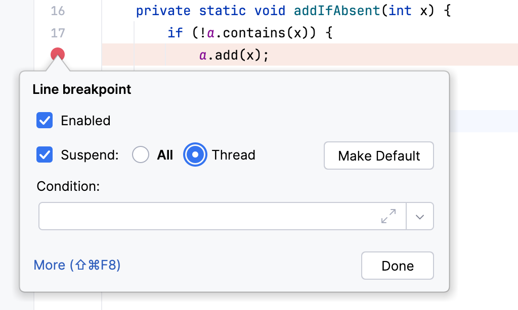 The Thread button in the Line breakpoint popup The Thread button in the Line breakpoint popup