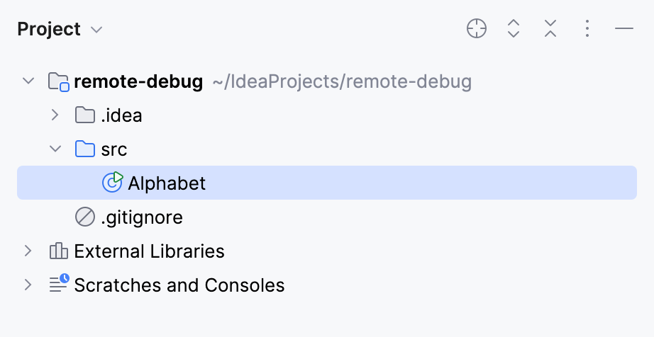 プロジェクトツールウィンドウの Alphabet.java プロジェクトツールウィンドウの Alphabet.java