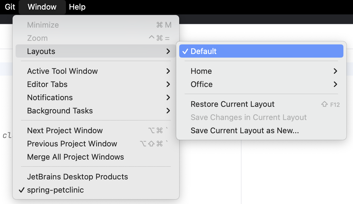 The caret is positioned on Default under Layouts The caret is positioned on Default under Layouts