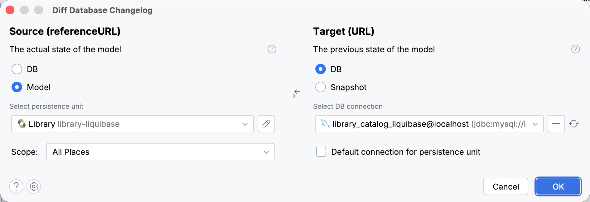 Diff Database Changelog dialog