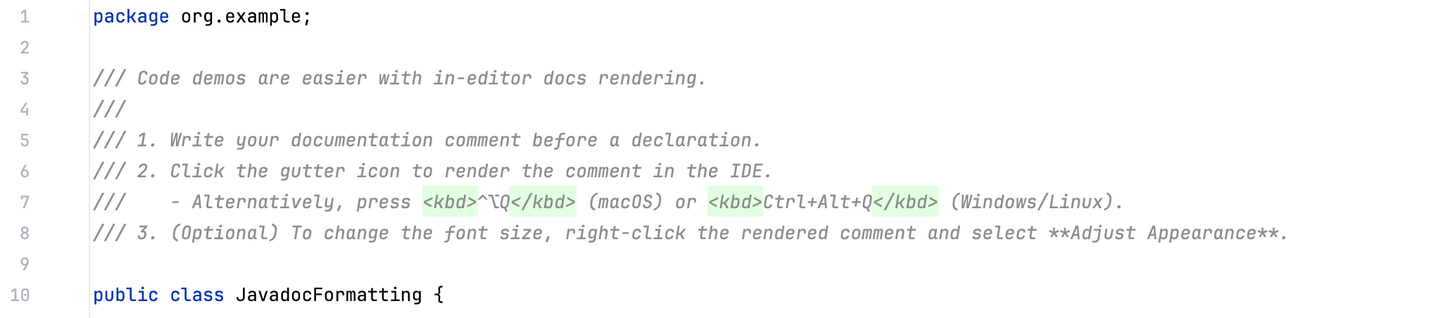 Markdown Javadoc comment in edit mode Markdown Javadoc comment in edit mode