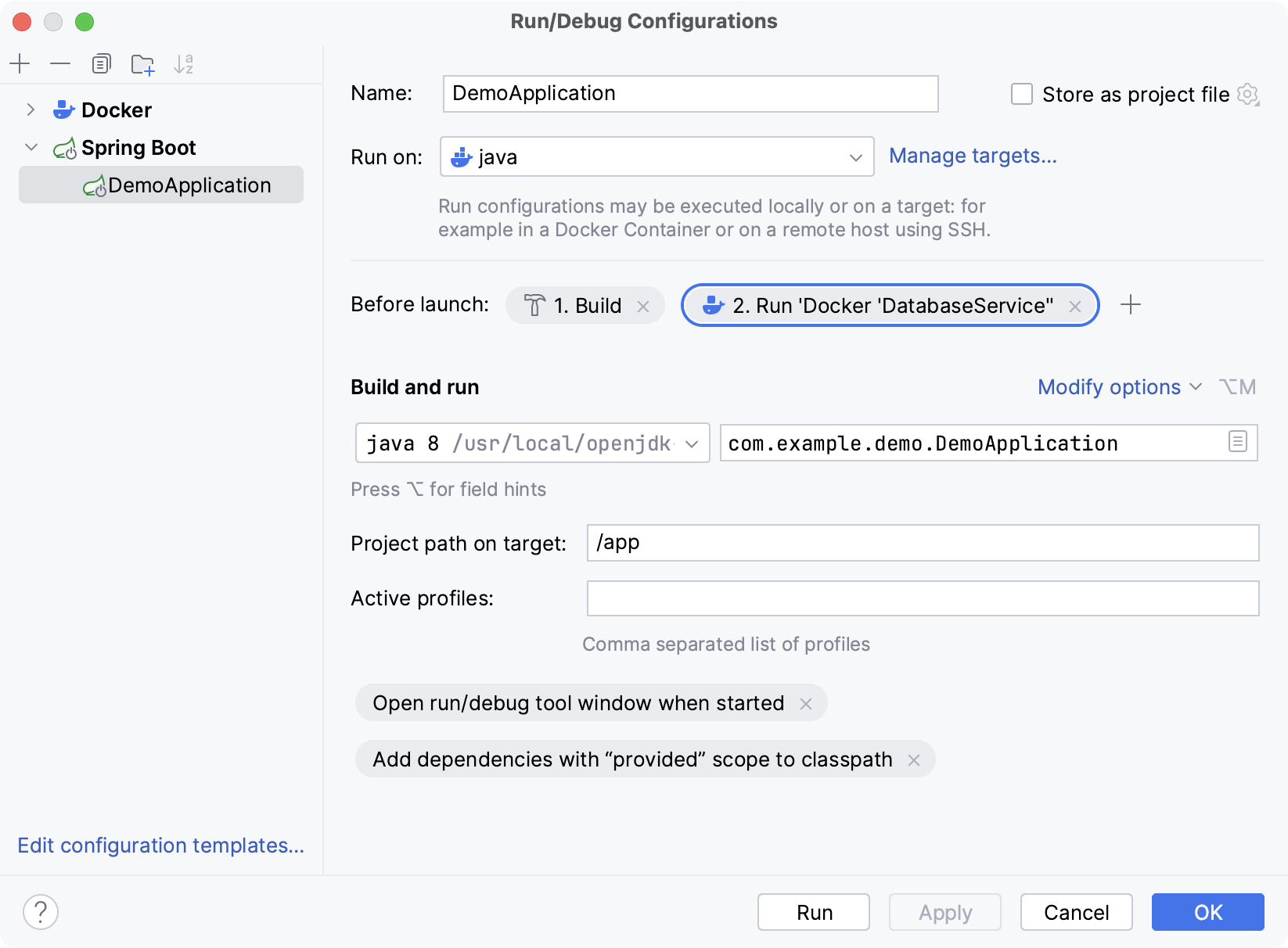 DemoApplication run config with Docker Compose as a Before Launch task DemoApplication run config with Docker Compose as a Before Launch task