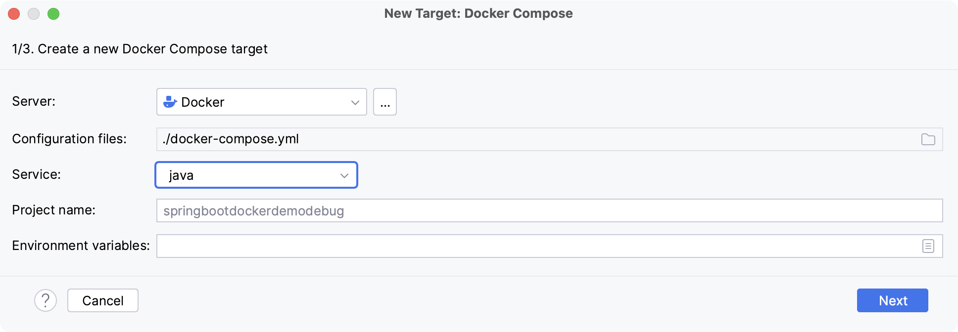 Add Docker Compose run target with Java service Add Docker Compose run target with Java service