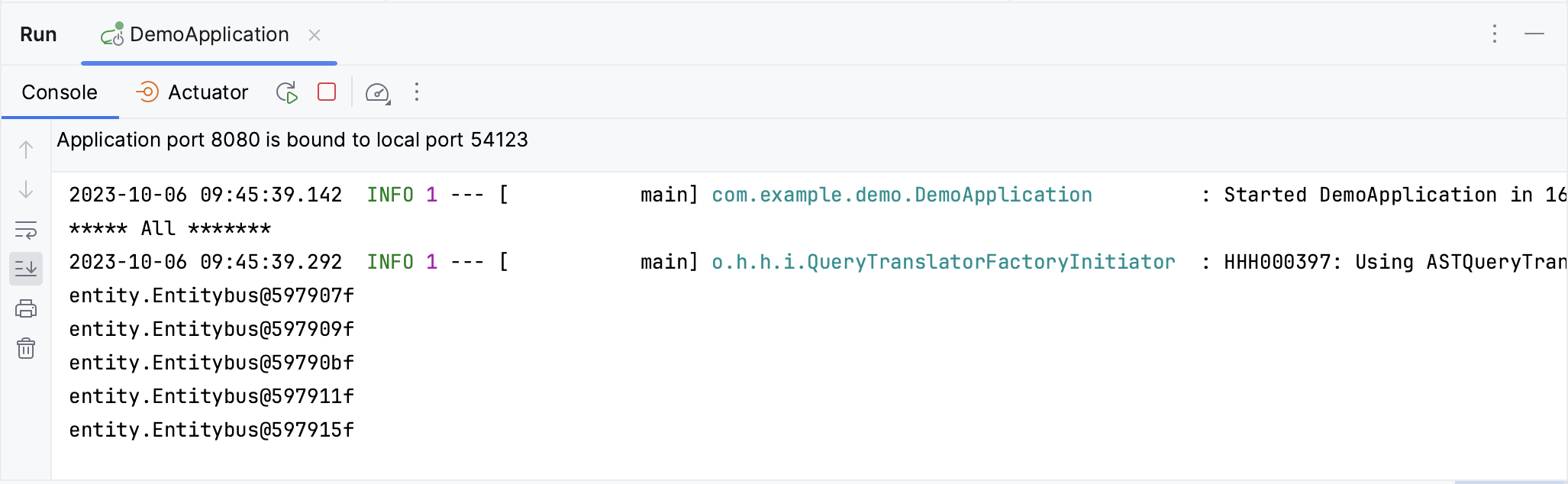Console output after successfully running the Spring Boot application Console output after successfully running the Spring Boot application
