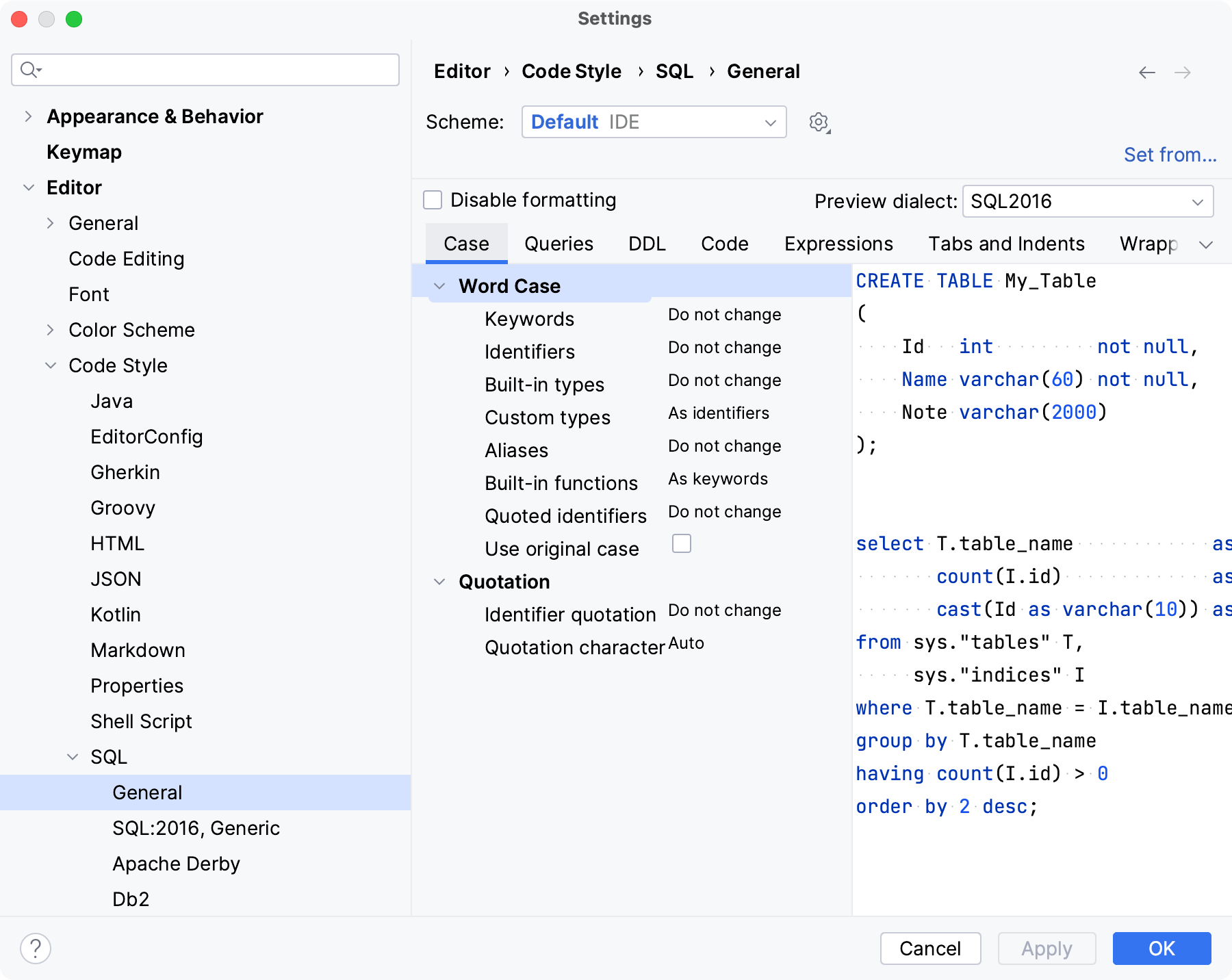 Code style settings Code style settings