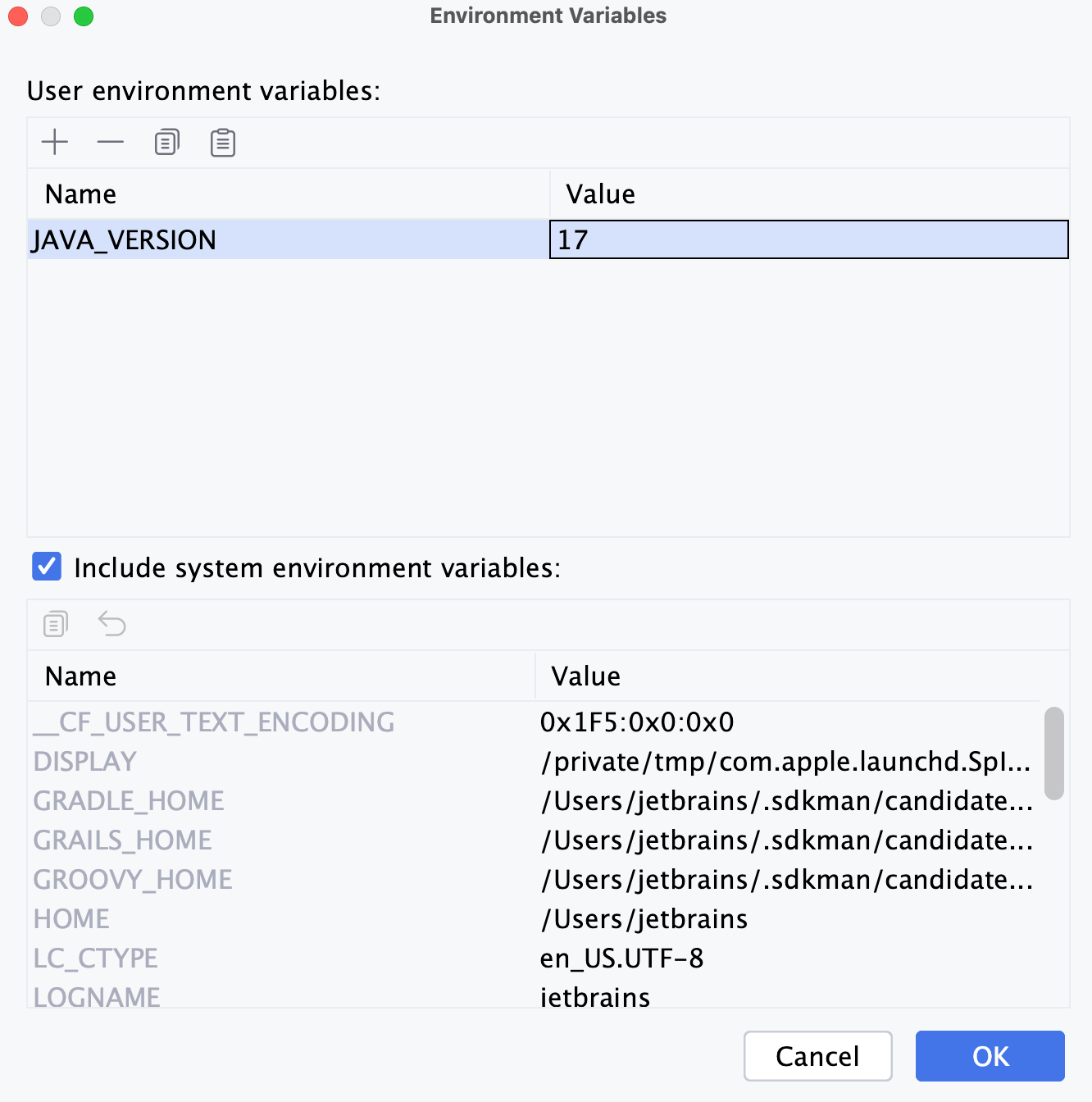 Environment Variables dialog Environment Variables dialog