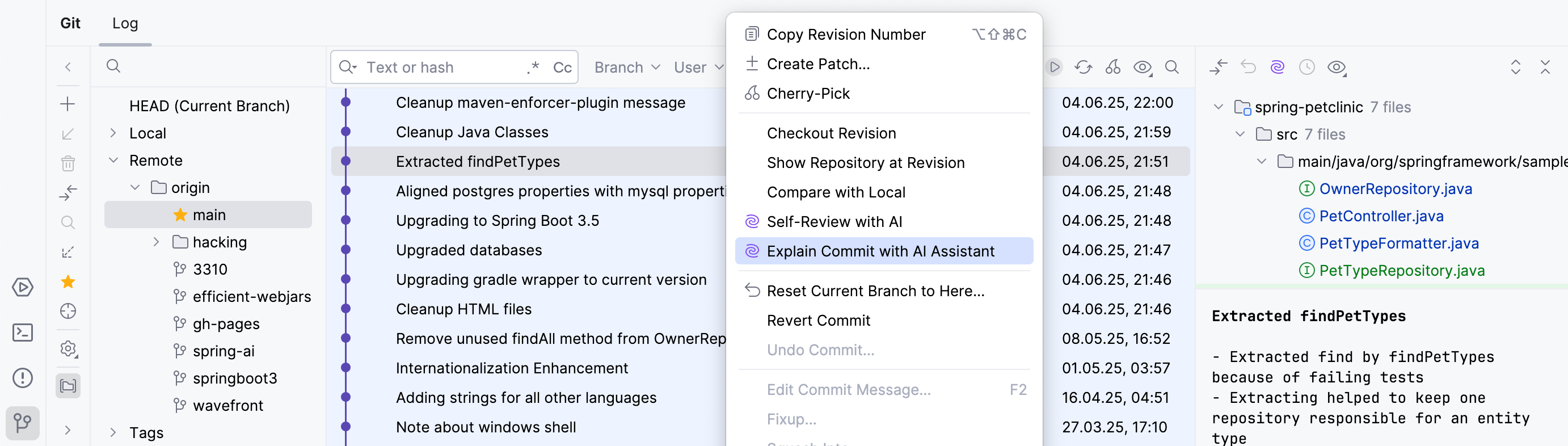 Explain Commit with AI Assistant option in VCS log Explain Commit with AI Assistant option in VCS log