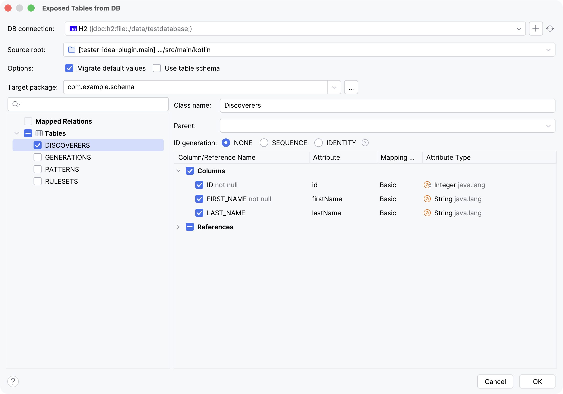 Generate tables from an existing database schema