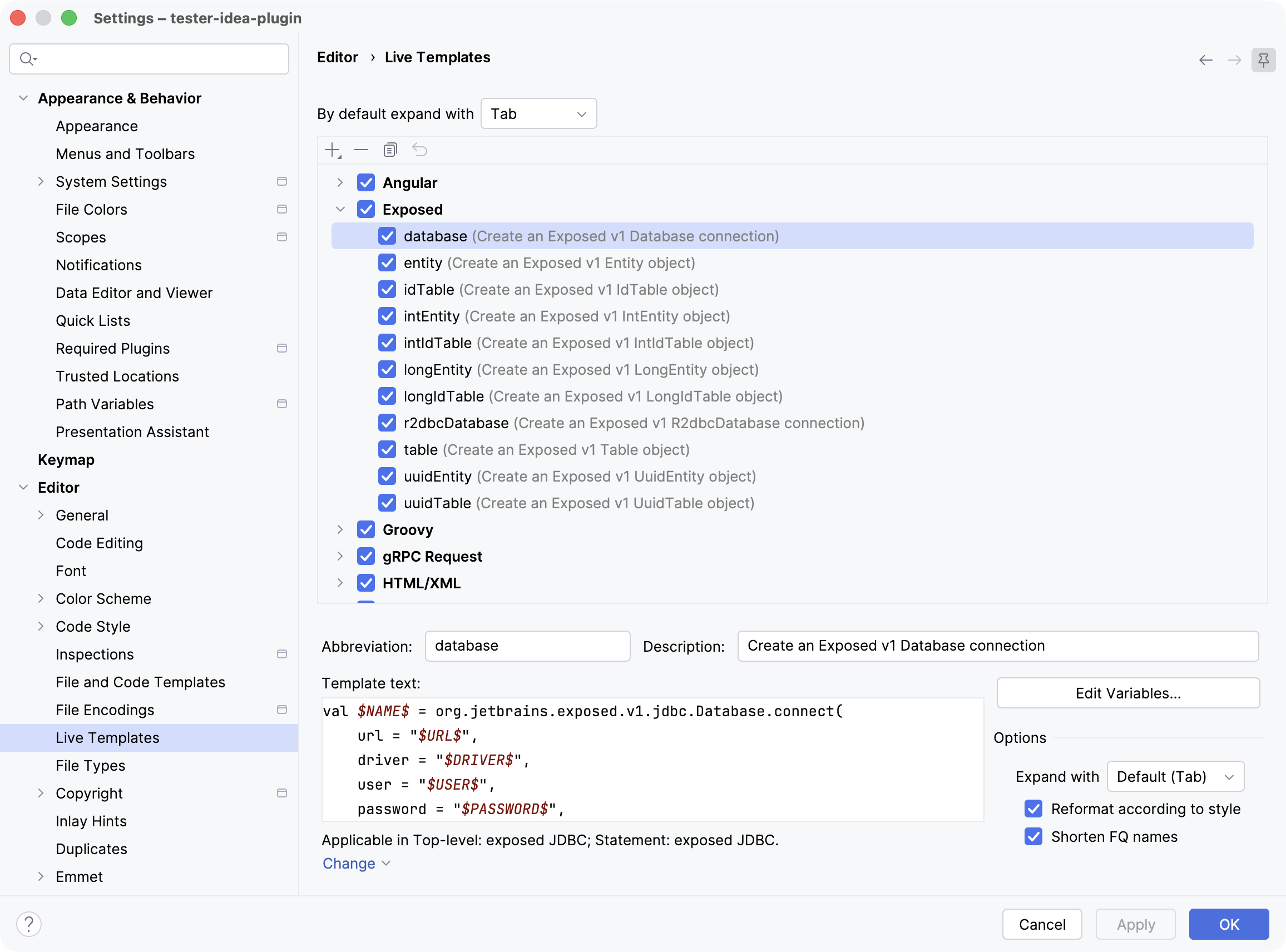 Exposed Live Templates Settings