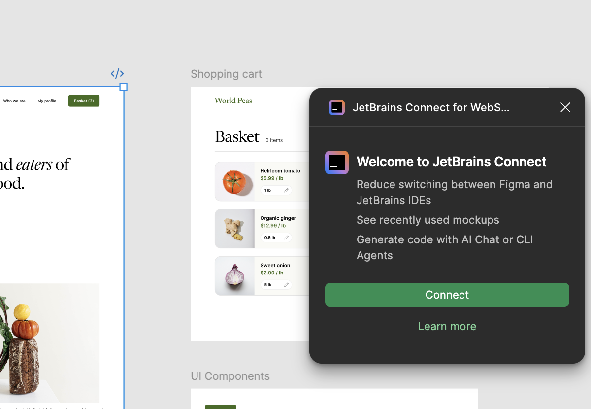 Figma Desktop 中的 Welcome to JetBrains Connect 对话框 Figma Desktop 中的 Welcome to JetBrains Connect 对话框