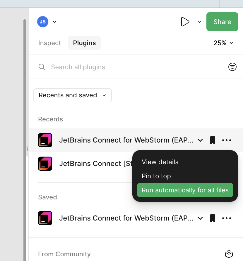 Figma 插件菜单中的 Run automatically for all files 操作