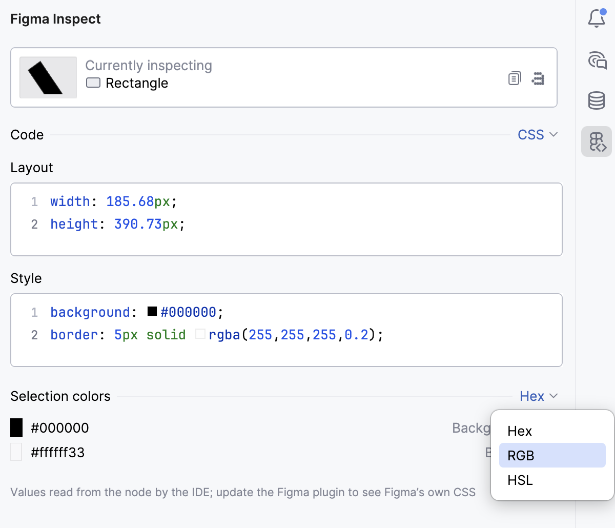 The Figma Inspect tool window showing colors The Figma Inspect tool window showing colors