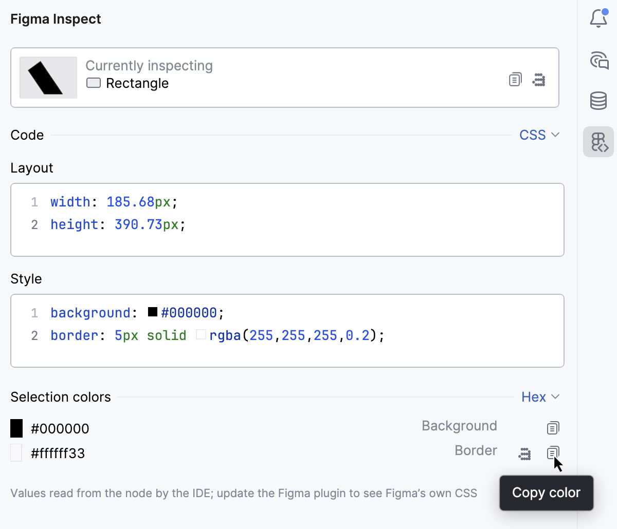 The Figma Inspect tool window copy colors The Figma Inspect tool window copy colors