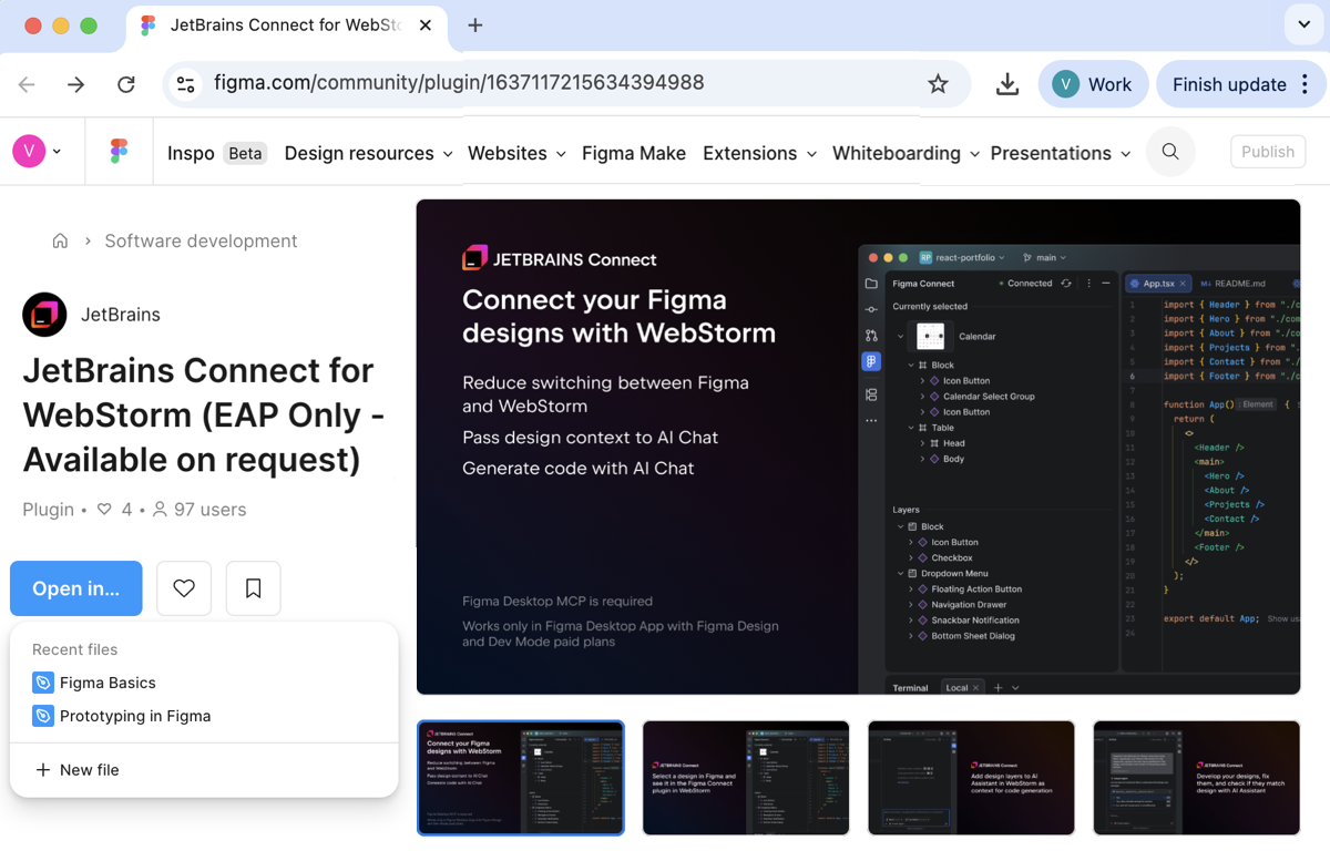 在 Figma 中安装 JetBrains Connect 插件 - 选择一个文件 在 Figma 中安装 JetBrains Connect 插件 - 选择一个文件