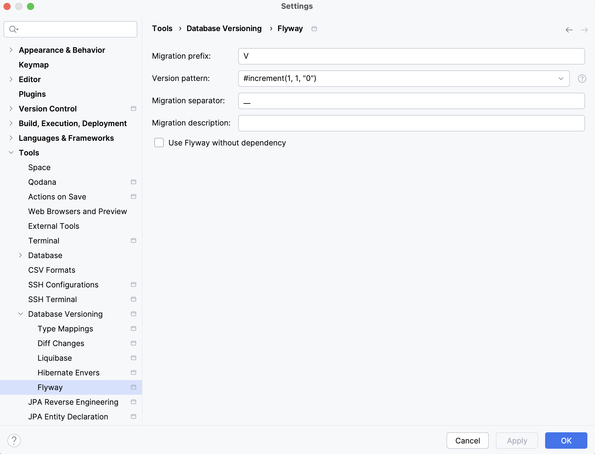 Flyway settings in the Settings dialog