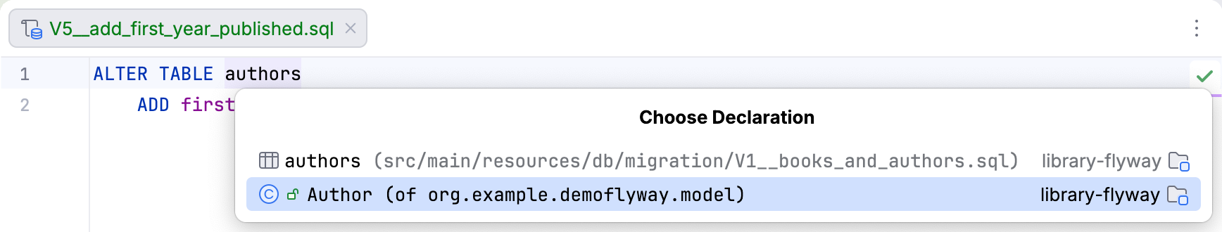 Navigating to table declarations options