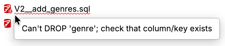 Red exclamation mark in the editor gutter next to an SQL statement