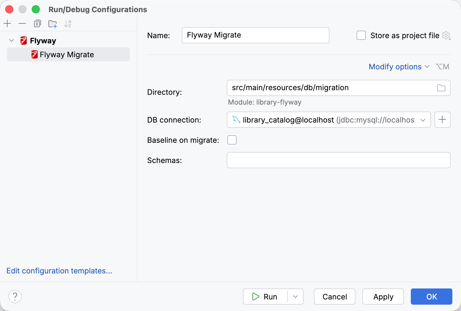 Flyway run configuration options