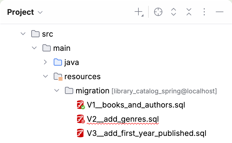 Flyway icons in the Project tool window with a checkmark for applied migration, exclamation mark for a failed migration