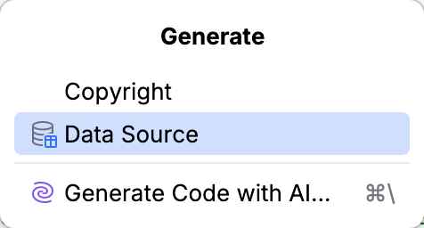 Generate popup with the Data Source option highlighted Generate popup with the Data Source option highlighted