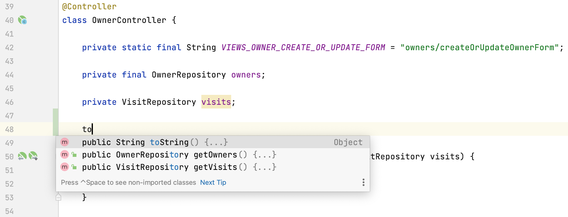 Generate getters and toString() in the completion popup Generate getters and toString() in the completion popup