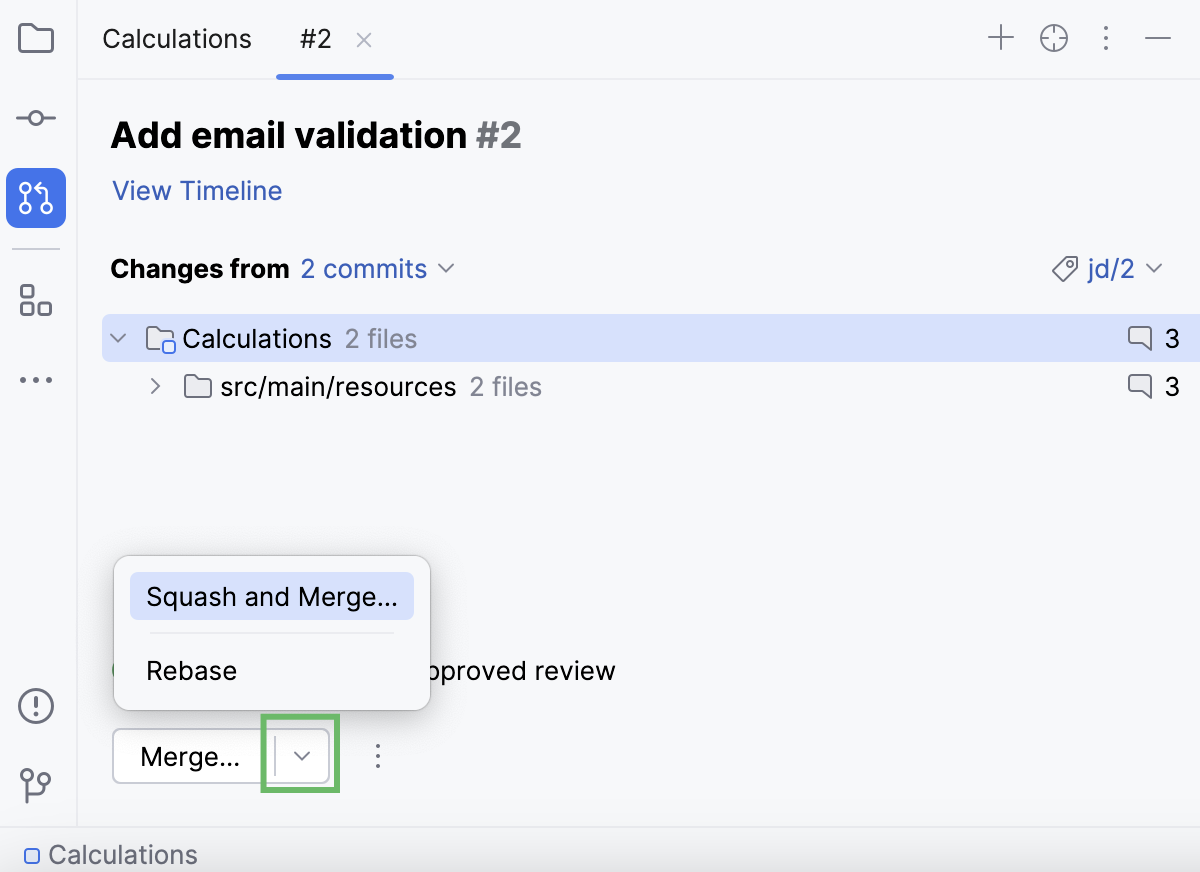 Pull request overview with merge options Pull request overview with merge options