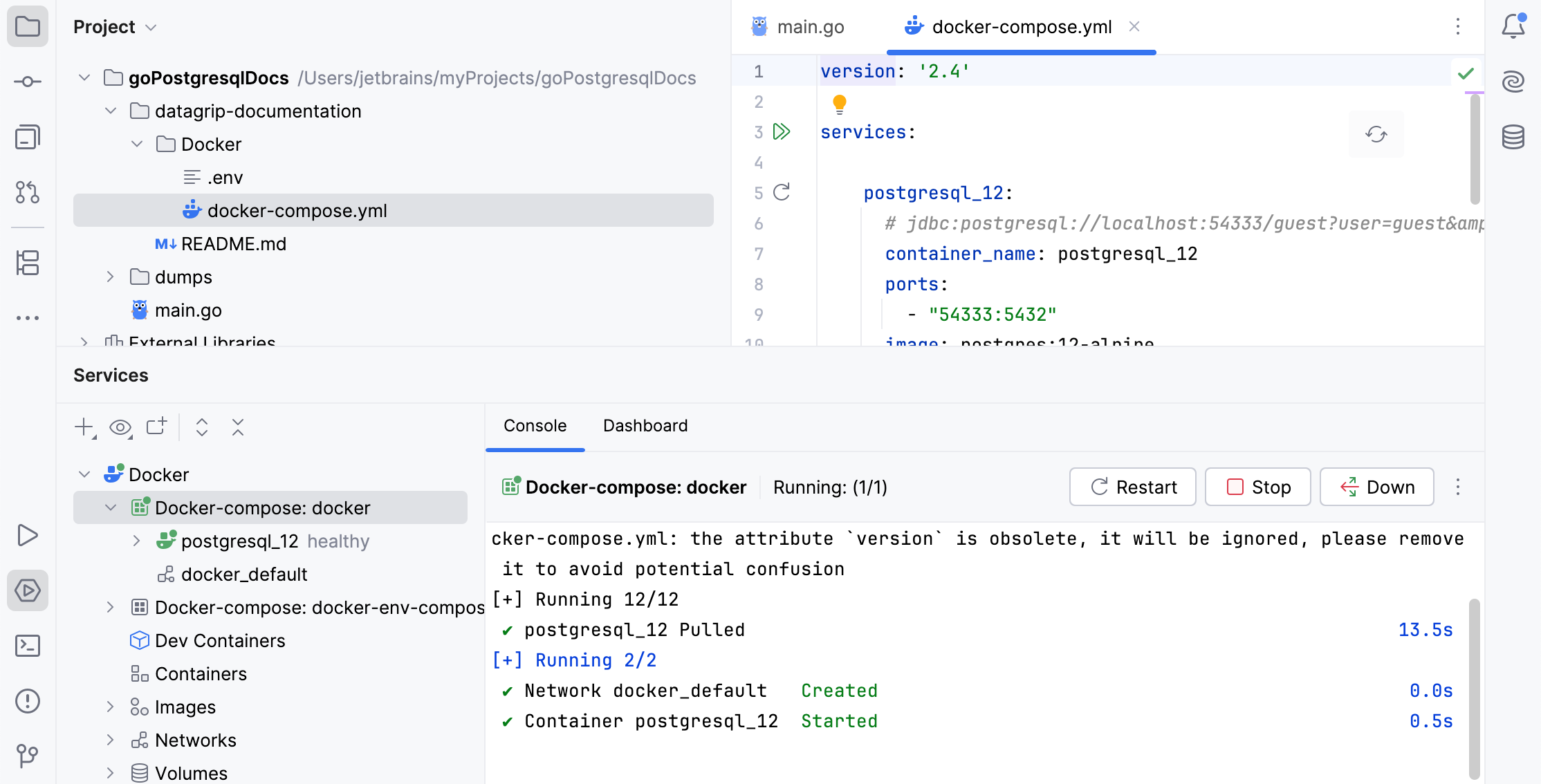 The Docker tool window, connected to Docker The Docker tool window, connected to Docker