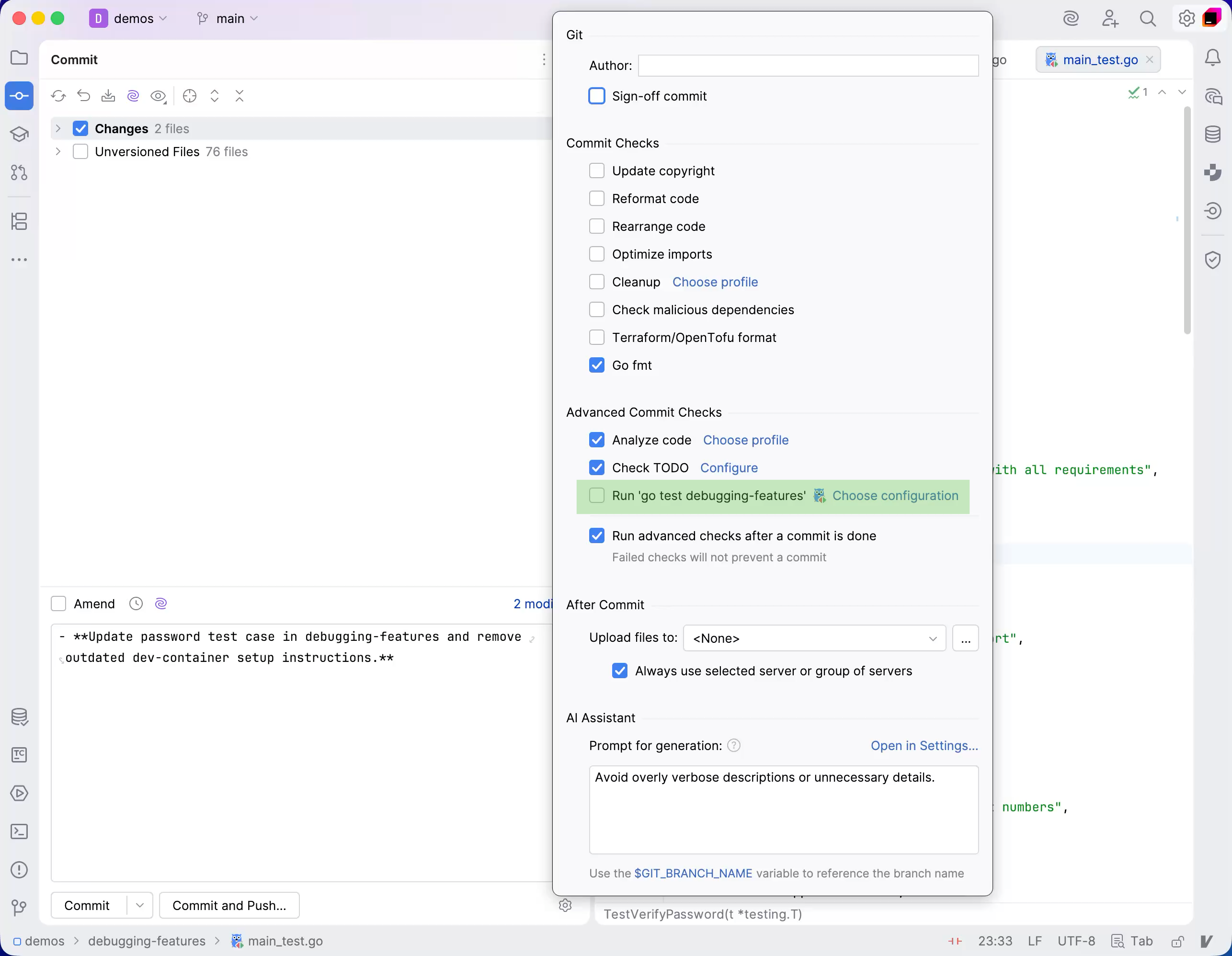 Pre-commit checks menu Pre-commit checks menu