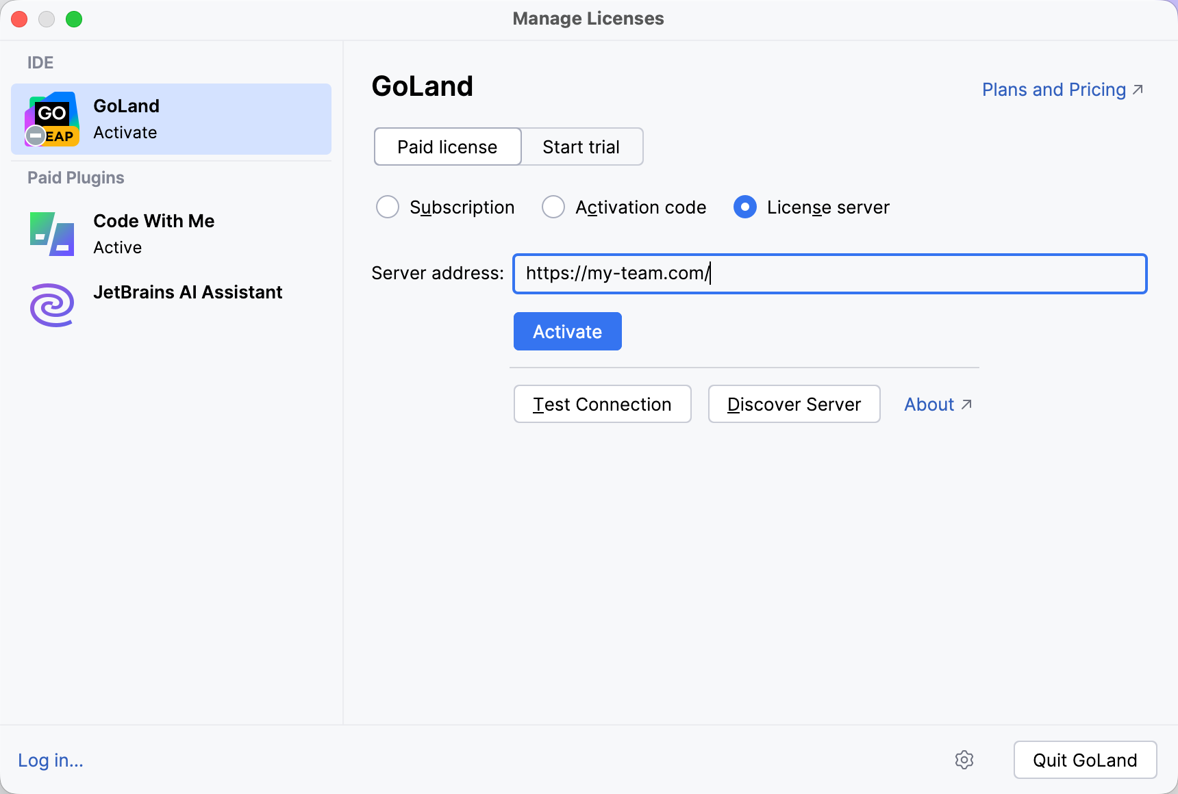 Activate GoLand license with a license server Activate GoLand license with a license server