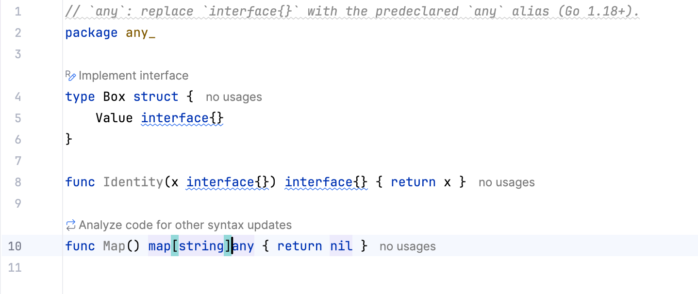 Editor with the Analyze code for other syntax updates link shown after a Go quick-fix is applied. Editor with the Analyze code for other syntax updates link shown after a Go quick-fix is applied.